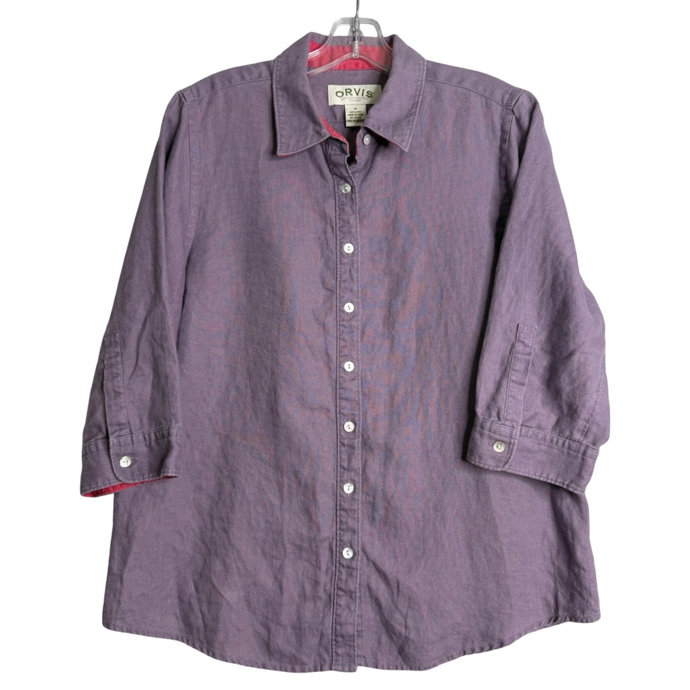 Orvis 100% Linen Button Front Shirt Womens M Purple Lavender Lagenlook Preppy